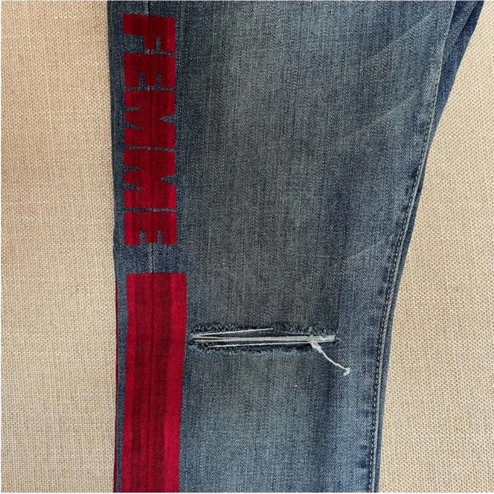 Homme + Femme Distressed Lettering in Paint Jeans